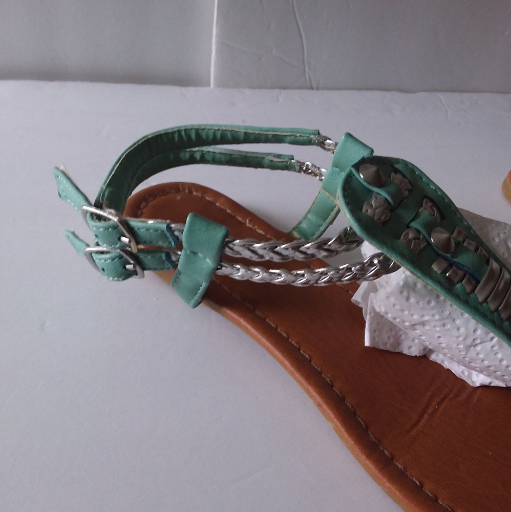 Aqua,Silver Slingback Sandals,Braided Double Silver/Aqua Straps/Buckles - Picture 3 of 10